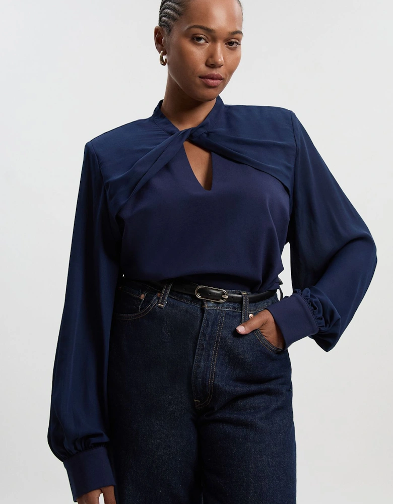 Plus Size Ponte And Georgette Mix Balloon Sleeve Cut Out Detail Top