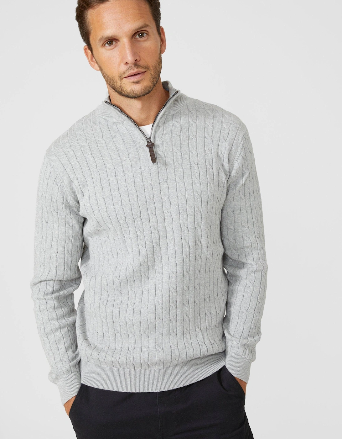 Mens Cable Cotton Half Zip Jumper, 2 of 1