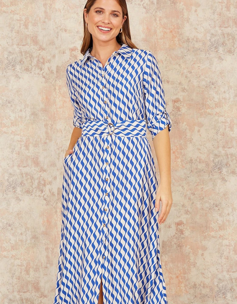 Blue Geo Swirl Print Midi Shirt Dress