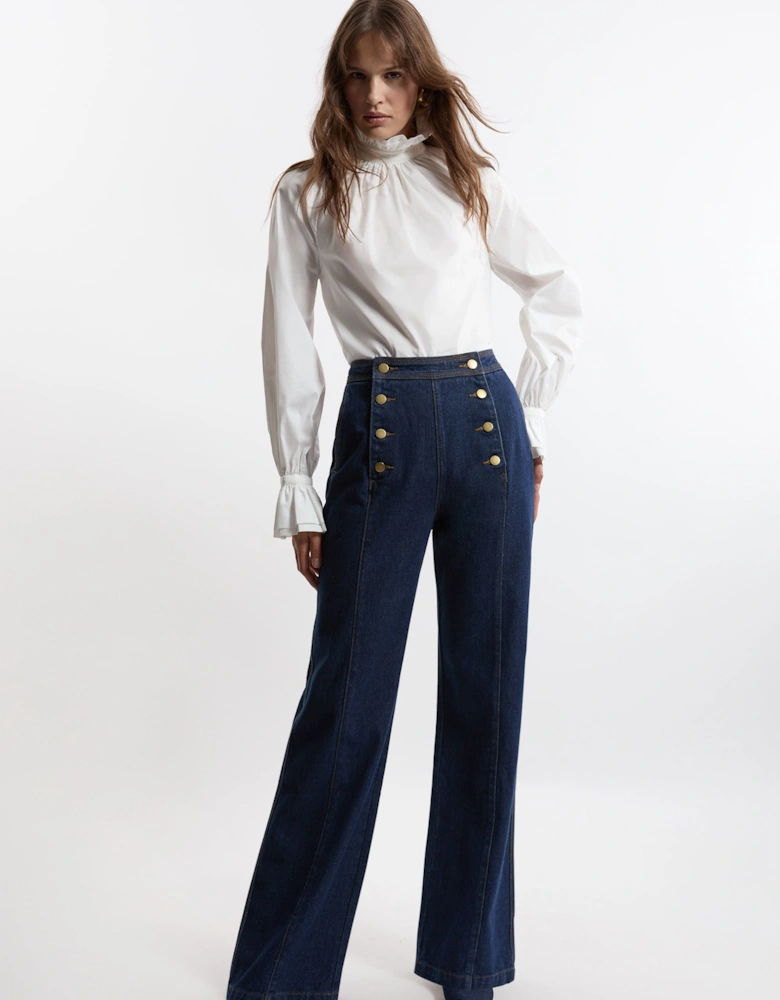 Petite Denim Tailored Button Front Straight Leg Jeans