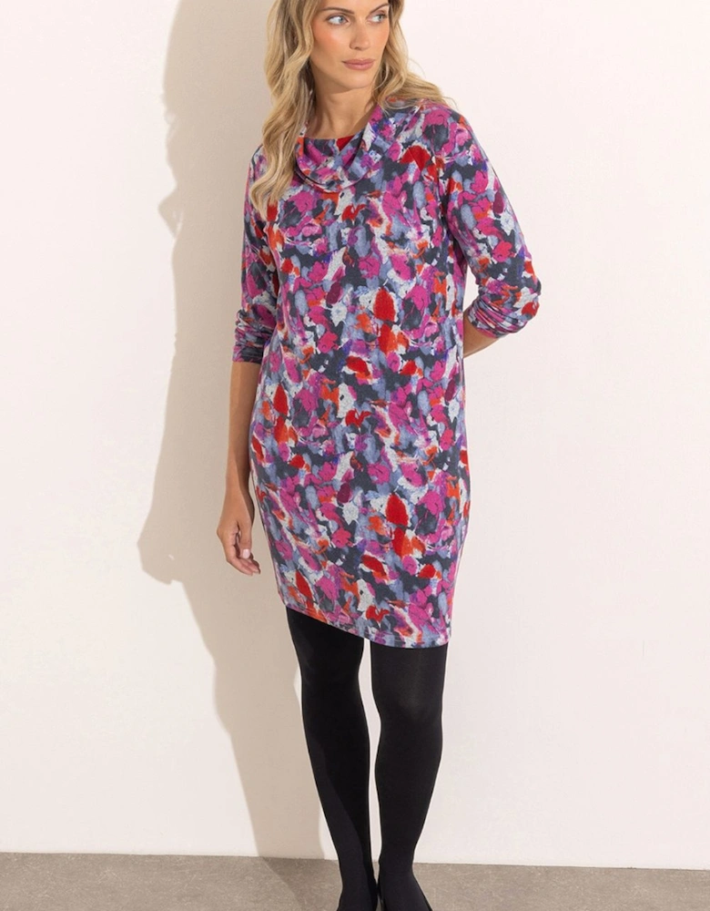 Printed Cowl Neck Knitted Jumper Dress