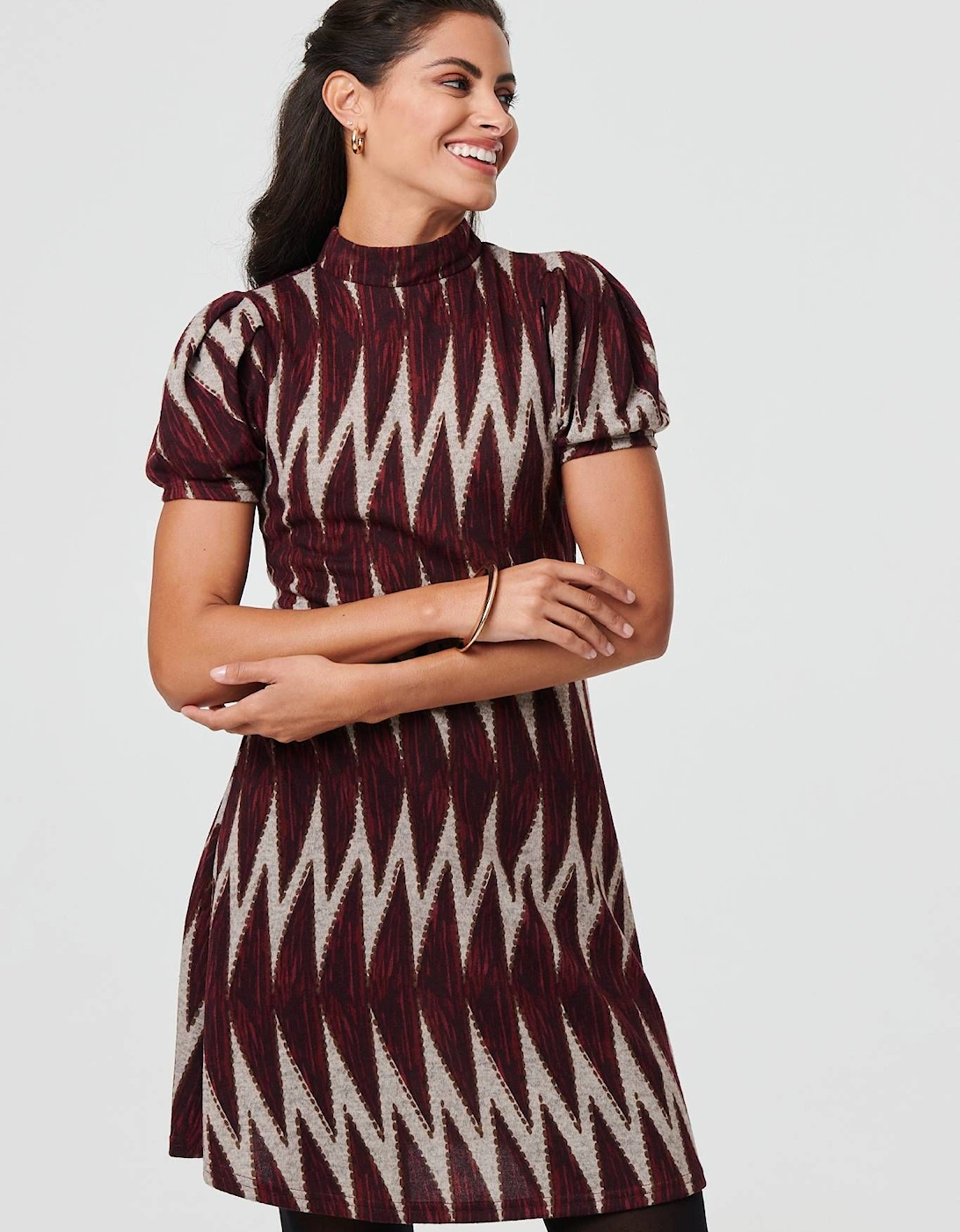 Geo Print Puff Sleeve Mini Skater Dress, 2 of 1