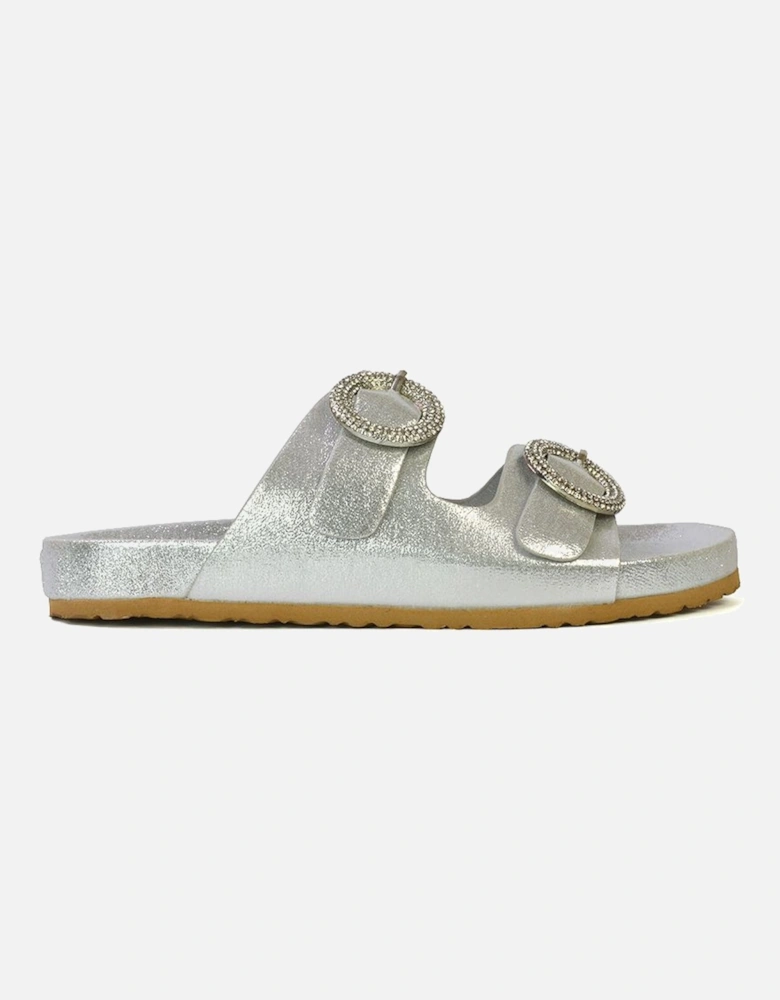 'Reggie' Slip On Flat Sandals Sliders With Double Strap Diamante Buckle