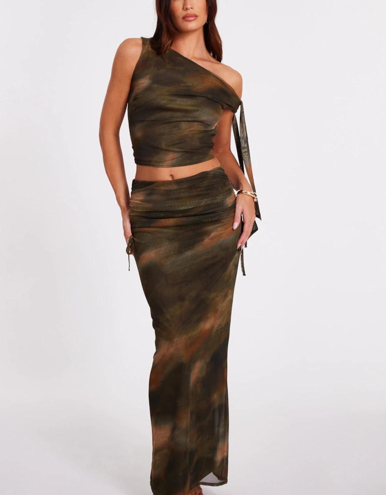 Khaki Mesh Ruched Midaxi Skirt
