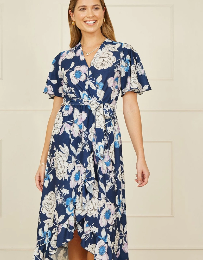 Navy Floral Midi Wrap Dress