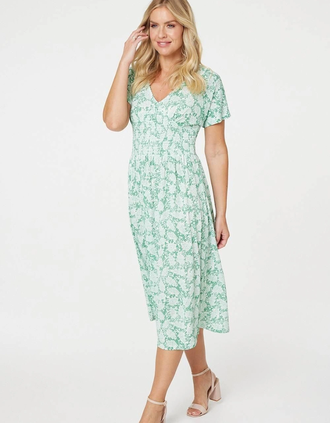 Paisley Shirred Detail Midi Dress, 2 of 1