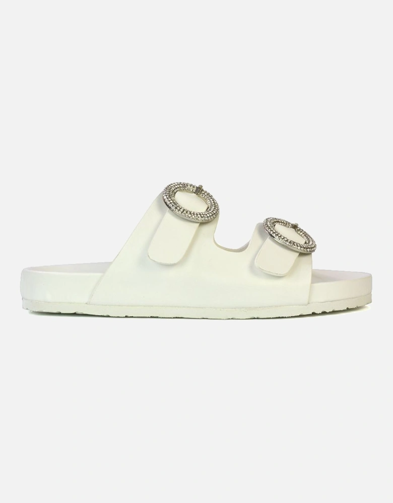 'Reggie' Slip On Flat Sandals Sliders With Double Strap Diamante Buckle