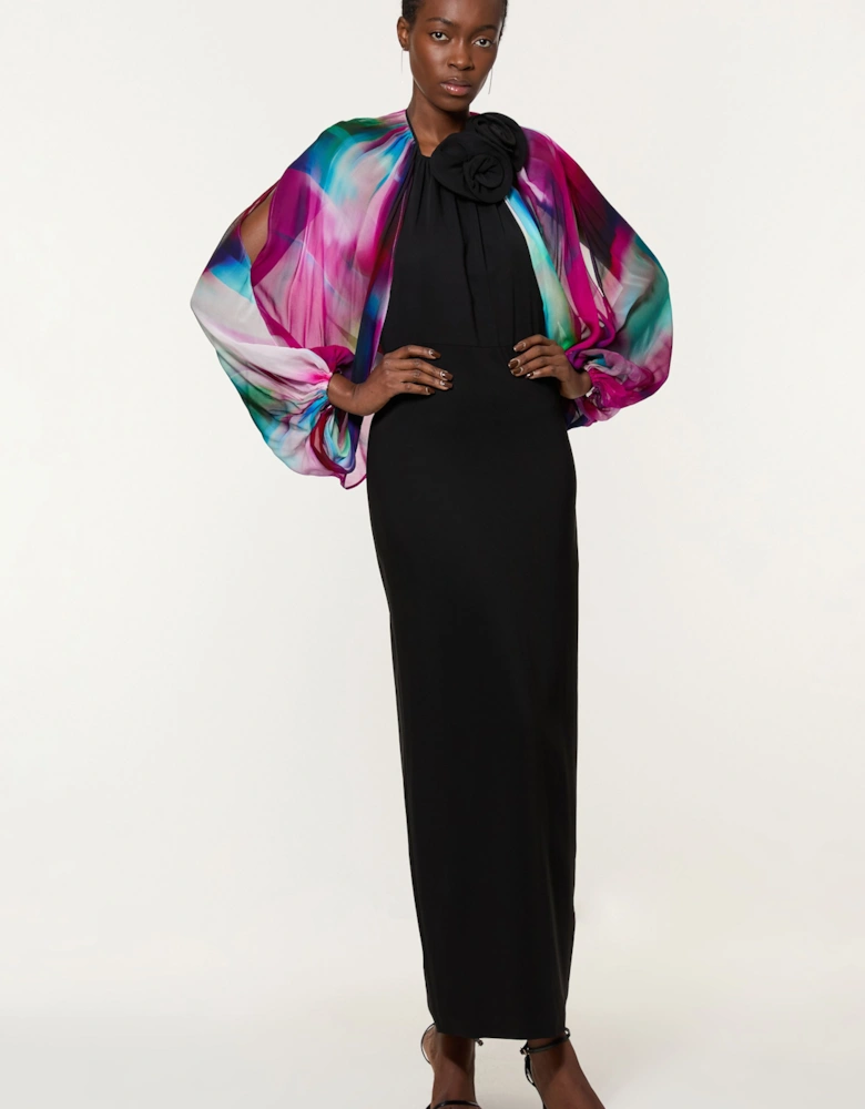 Tall Printed Viscose Cady Cold Shoulder Maxi Dress With Viscose Georgette Cowl Back
