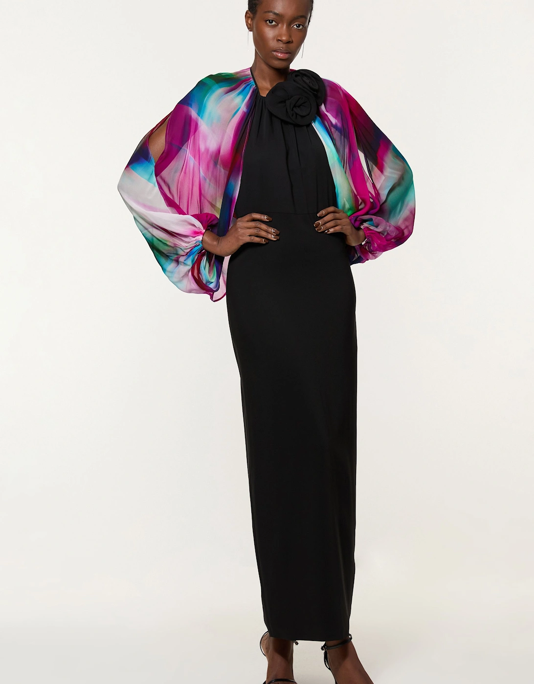 Tall Printed Viscose Cady Cold Shoulder Maxi Dress With Viscose Georgette Cowl Back, 2 of 1