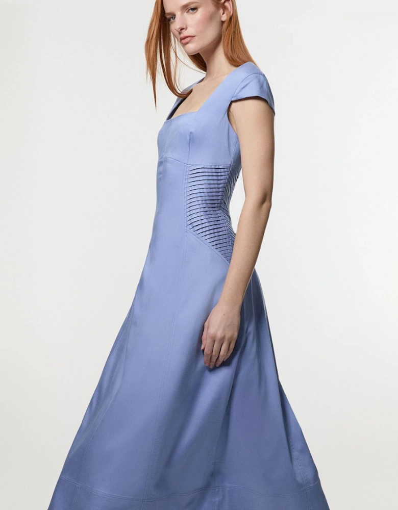 Premium Linen Pintuck Detail Full Skirted Tailored Midi Dress