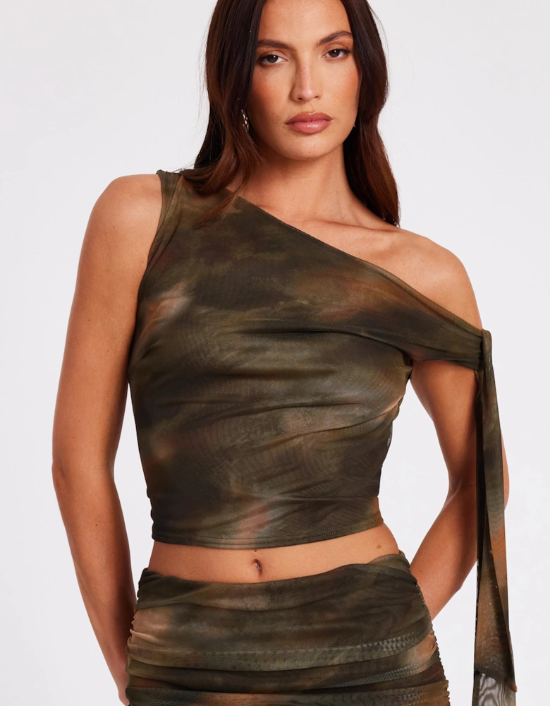 Khaki Mesh Tie Shoulder Crop Top
