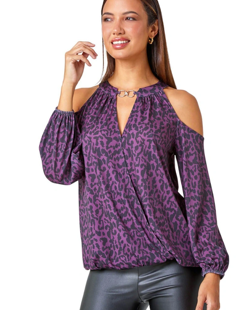 Animal Print Cold Shoulder Stretch Top
