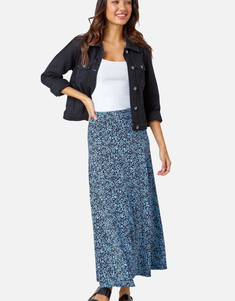 Ditsy Floral Elastic Waist A Line Midi Skirt