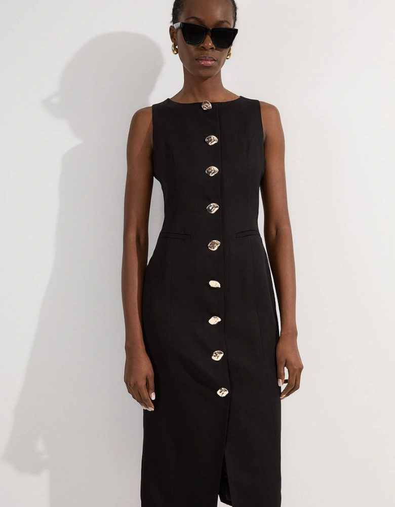 Viscose Linen Tailored Statement Button Front Pencil Midi Dress