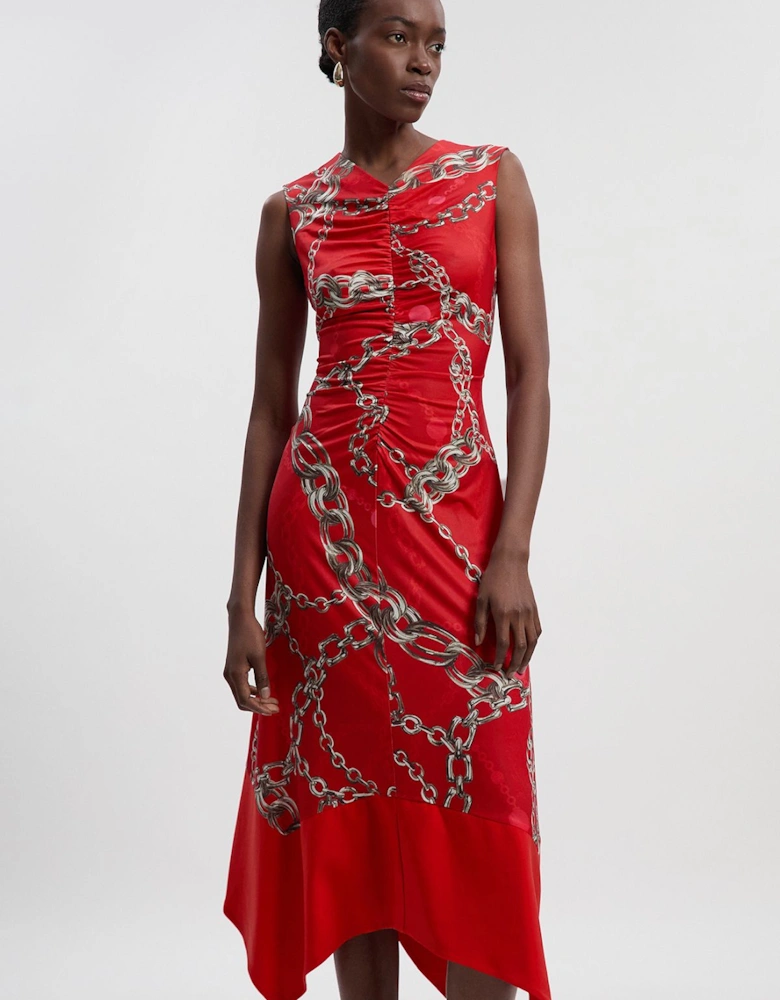 Chain Print Crepe Hanky Hem Midi Dress