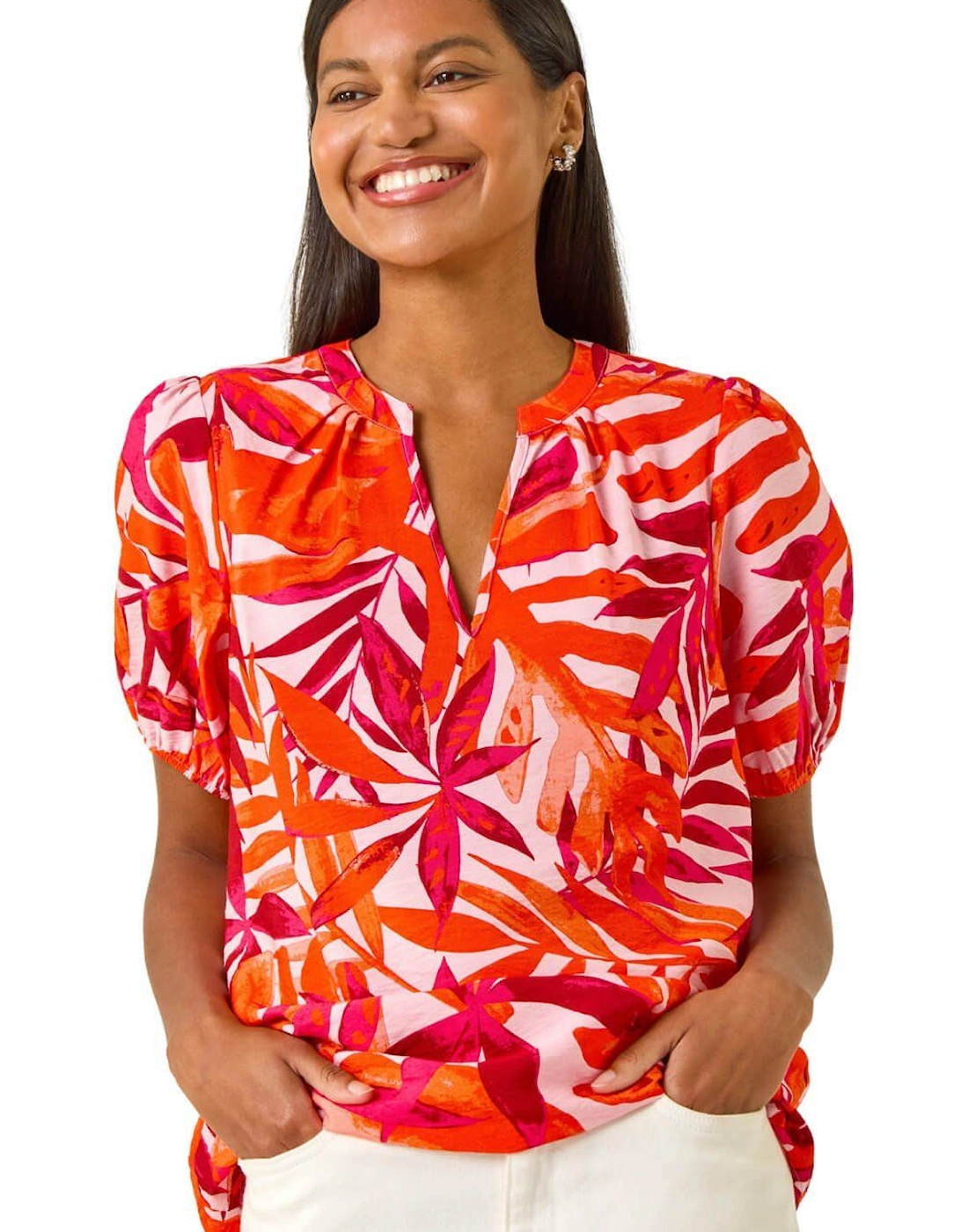 Tropical Pleated V-Neck Top, 2 of 1