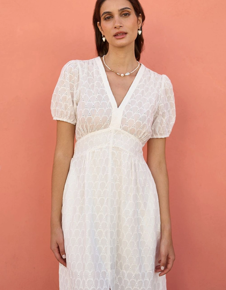 White Broderie Anglaise Midi Dress With Split Hemline