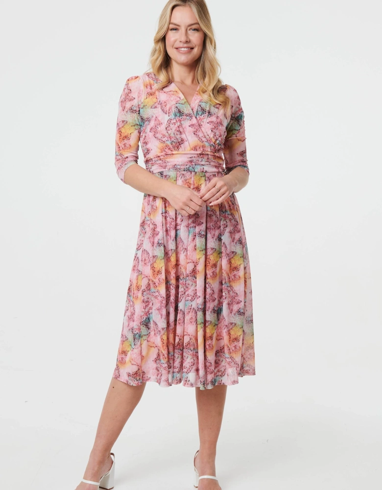 Printed 3/4 Sleeve Wrap Midi Dress
