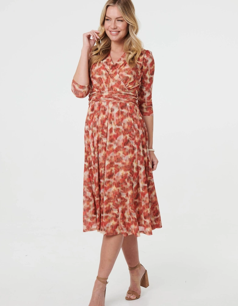 Printed 3/4 Sleeve Midi Faux Wrap Dress