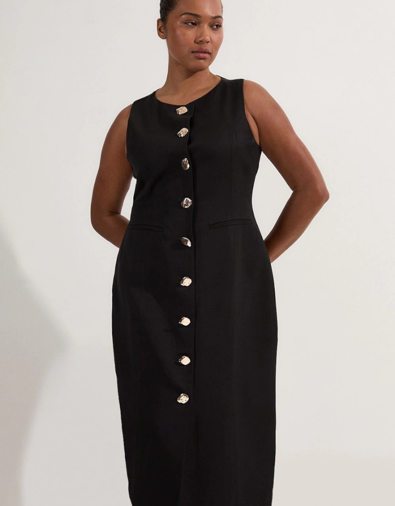 Plus Size Viscose Linen Tailored Statement Button Front Pencil Midi Dress