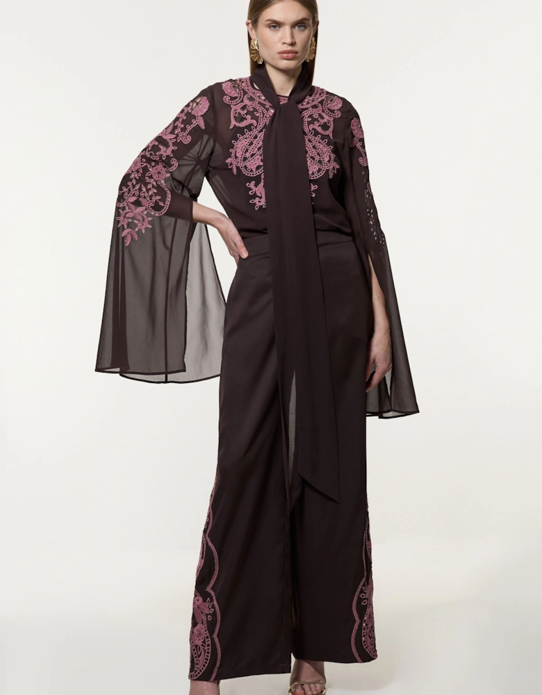 Tall Cutwork Beaded Georgette Tie Neck Woven Blouse With Drama Sleeve