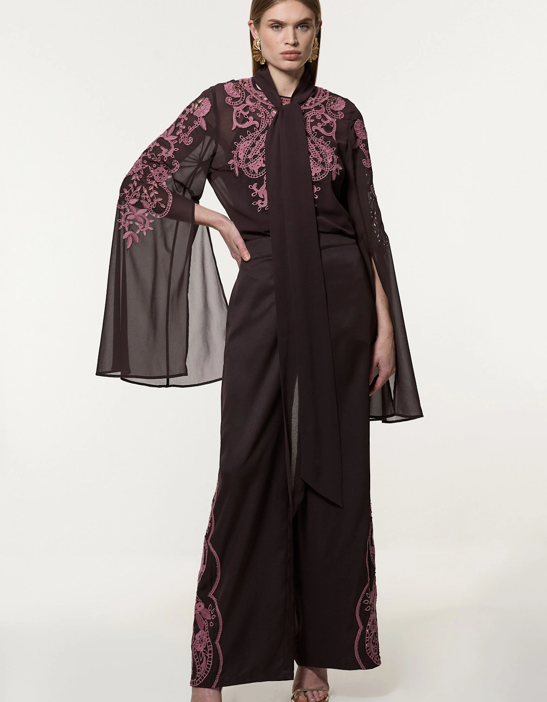 Tall Cutwork Beaded Georgette Tie Neck Woven Blouse With Drama Sleeve, 2 of 1