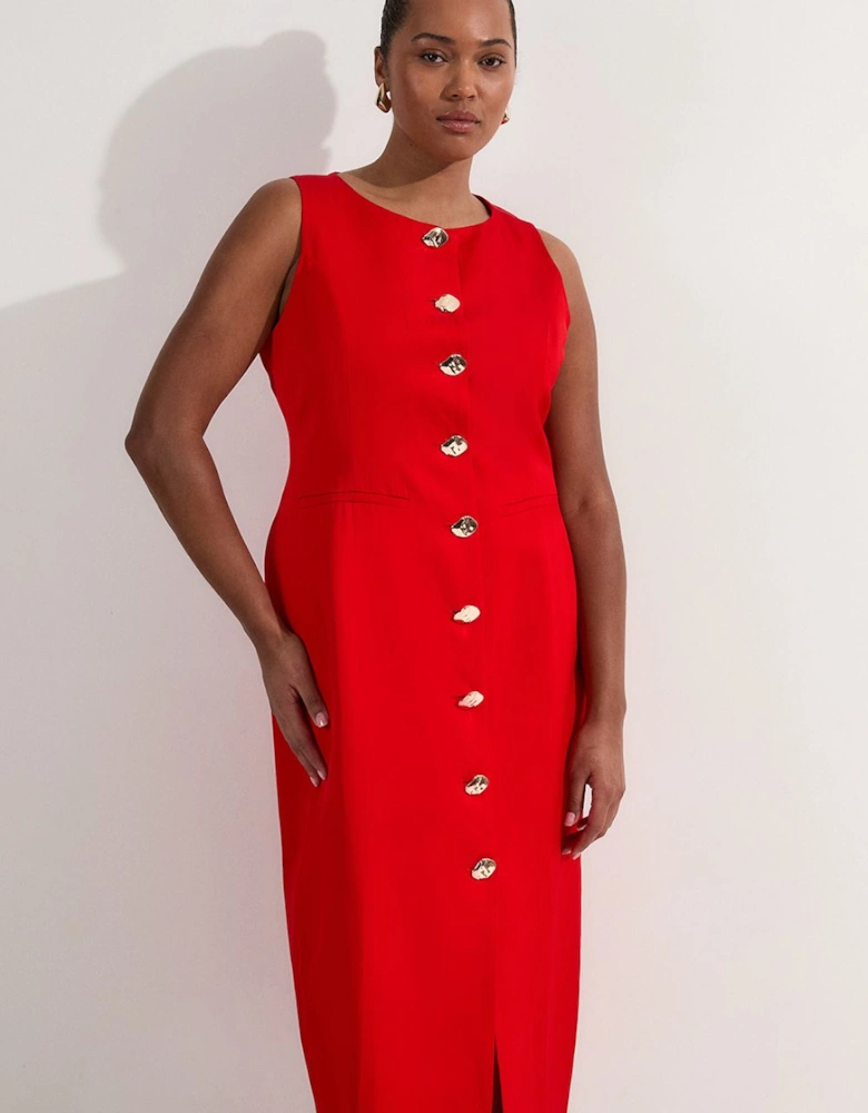 Plus Size Viscose Linen Tailored Statement Button Front Pencil Midi Dress