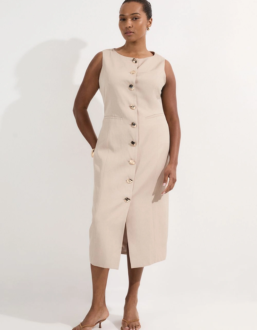 Plus Size Viscose Linen Tailored Statement Button Front Pencil Midi Dress, 2 of 1