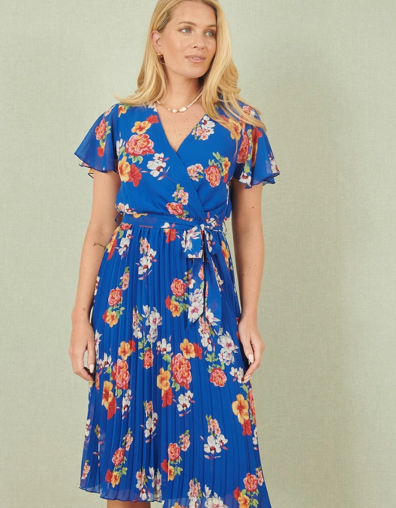 Blue Floral Pleated Wrap Dress