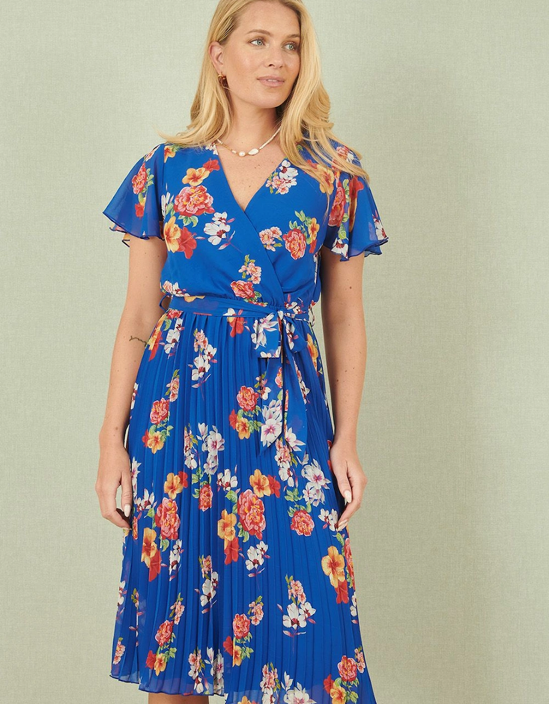 Blue Floral Pleated Wrap Dress, 2 of 1