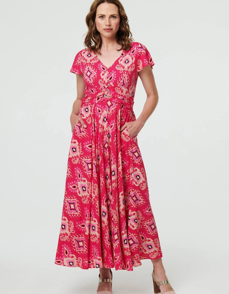 Printed Cap Sleeve Ruched Maxi Dress