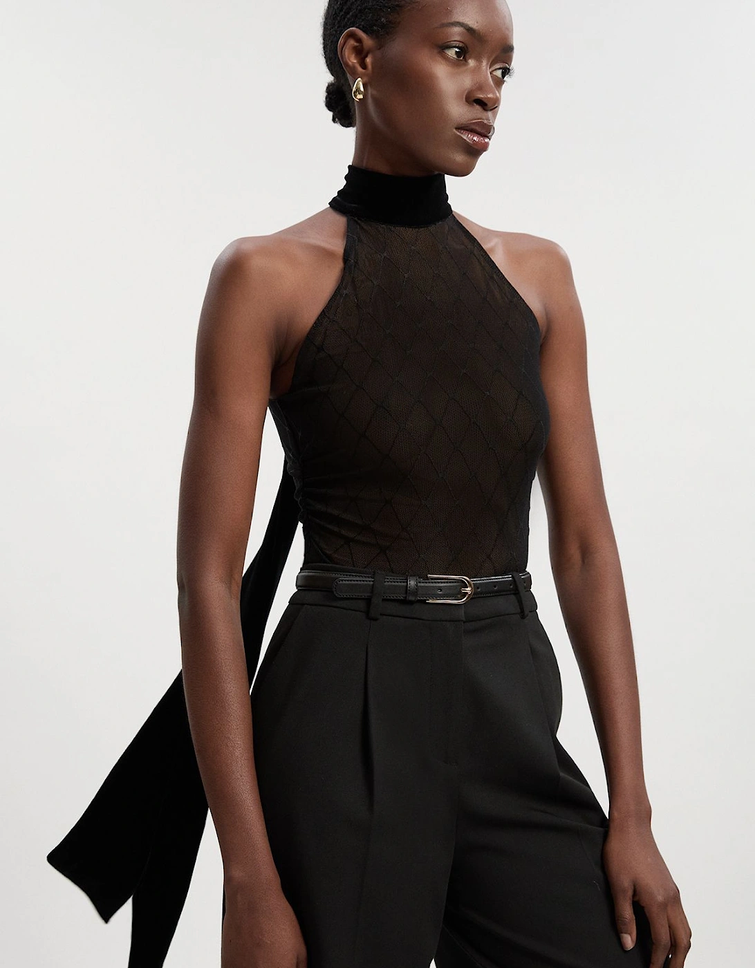 Mesh With Velvet Bow Neck Detail Halter Neck Bodysuit, 2 of 1