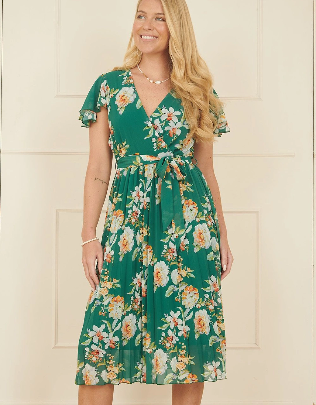 Green Floral Pleated Wrap Dress, 2 of 1
