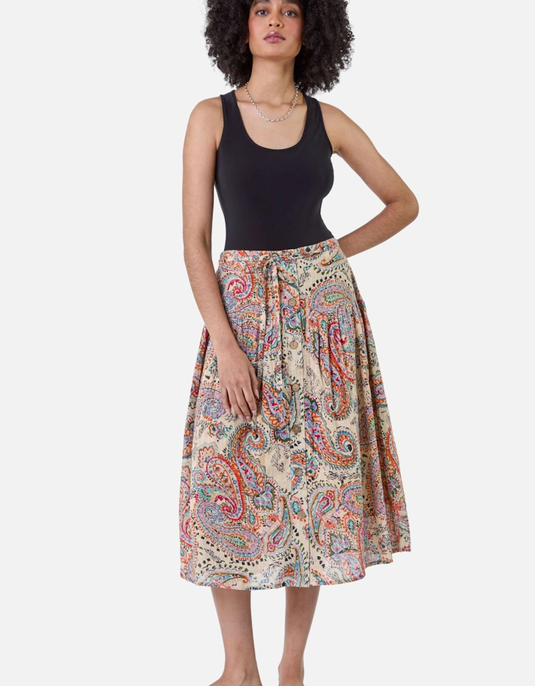 Cotton Paisley Boho A Line Midi Skirt