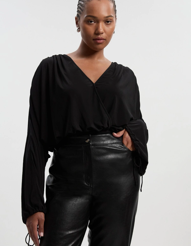 Plus Size Stretch Drapey Crepe Ruched Plunge Neck Batwing Sleeve Bodysuit