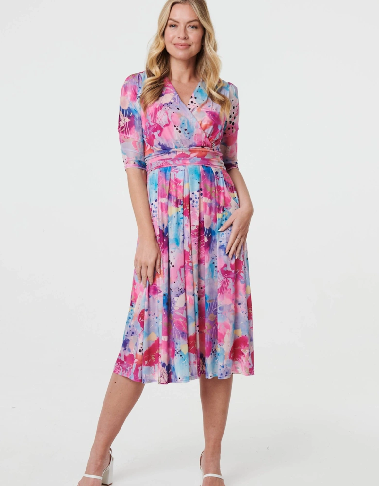 Abstract 3/4 Sleeve Midi Wrap Dress