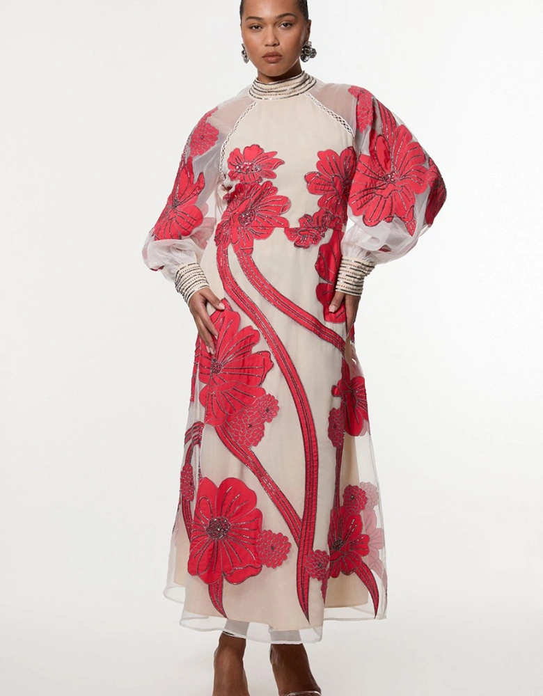 Plus Size Applique Organdie Floral Graphic Maxi Dress