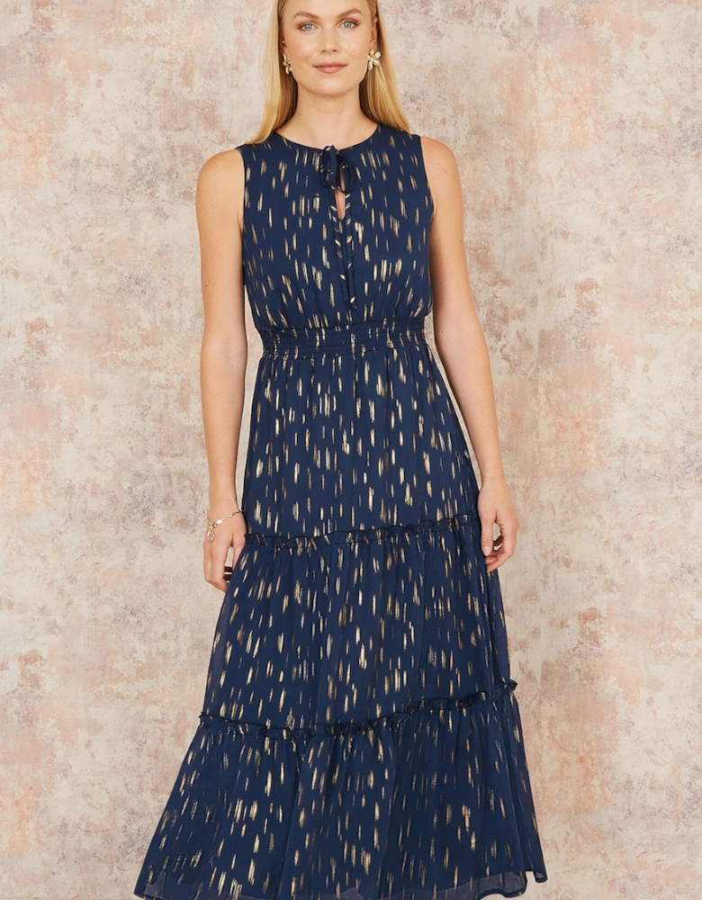 Navy Foil Print Ruched Waist Midi Dress With Tie Notch Neckline