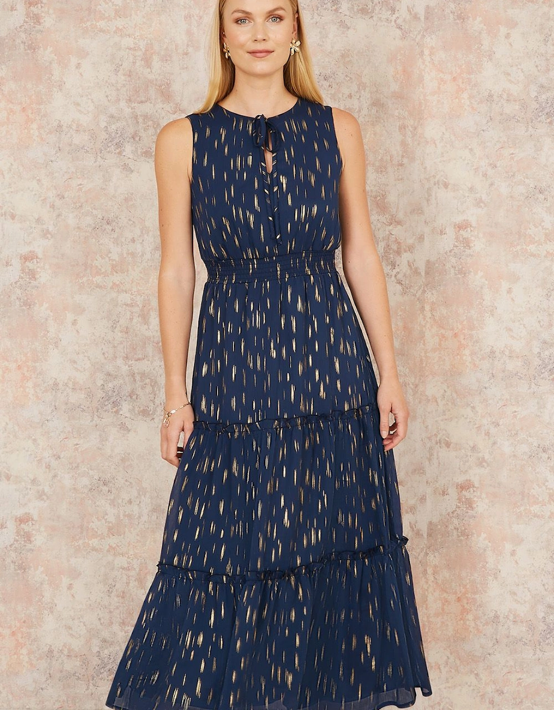 Navy Foil Print Ruched Waist Midi Dress With Tie Notch Neckline, 2 of 1