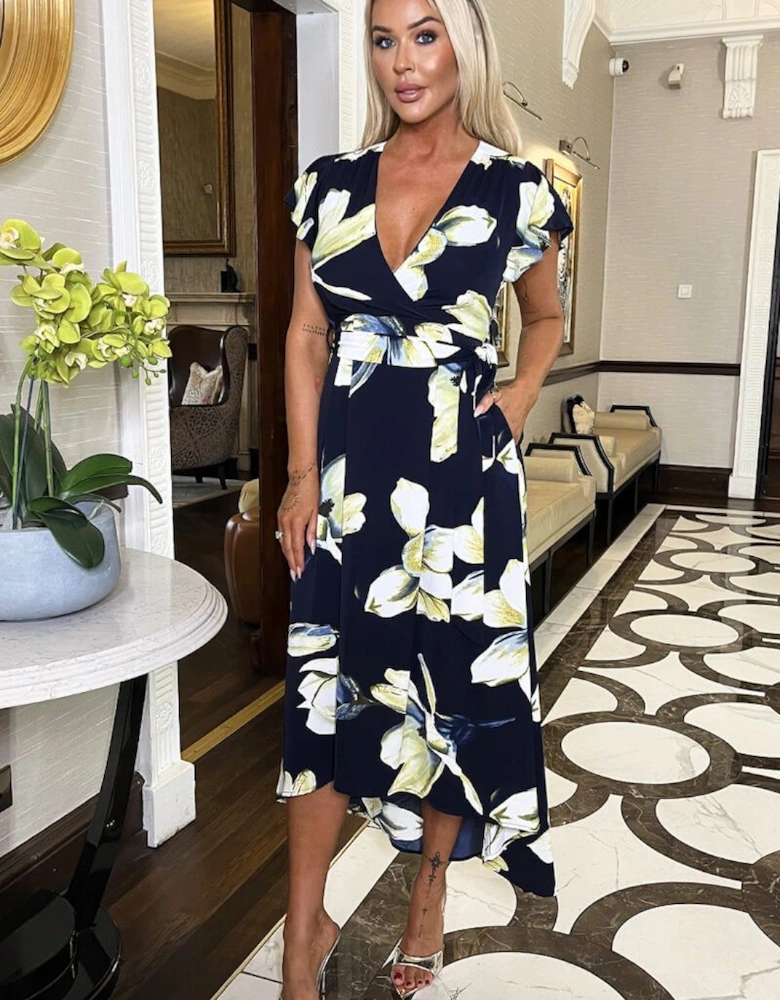 Navy Floral Print Short Sleeve Belted Wrap Midi Dress