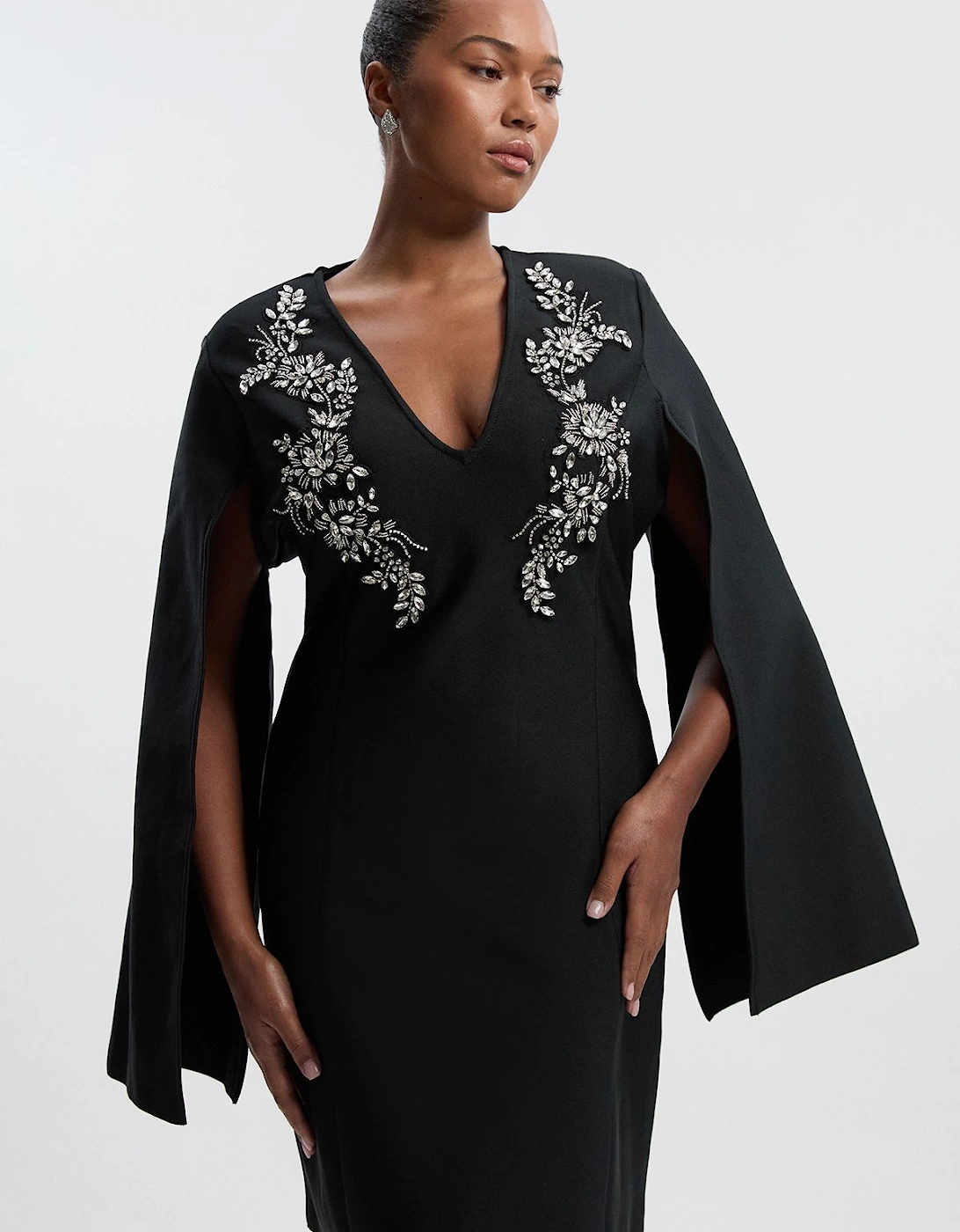 Plus Size Bandage Form Fitting Cape Sleeve Embellished Mini Dress, 2 of 1