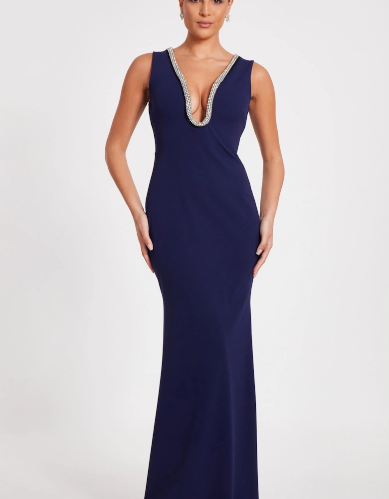 Navy Diamante Trim Maxi Dress
