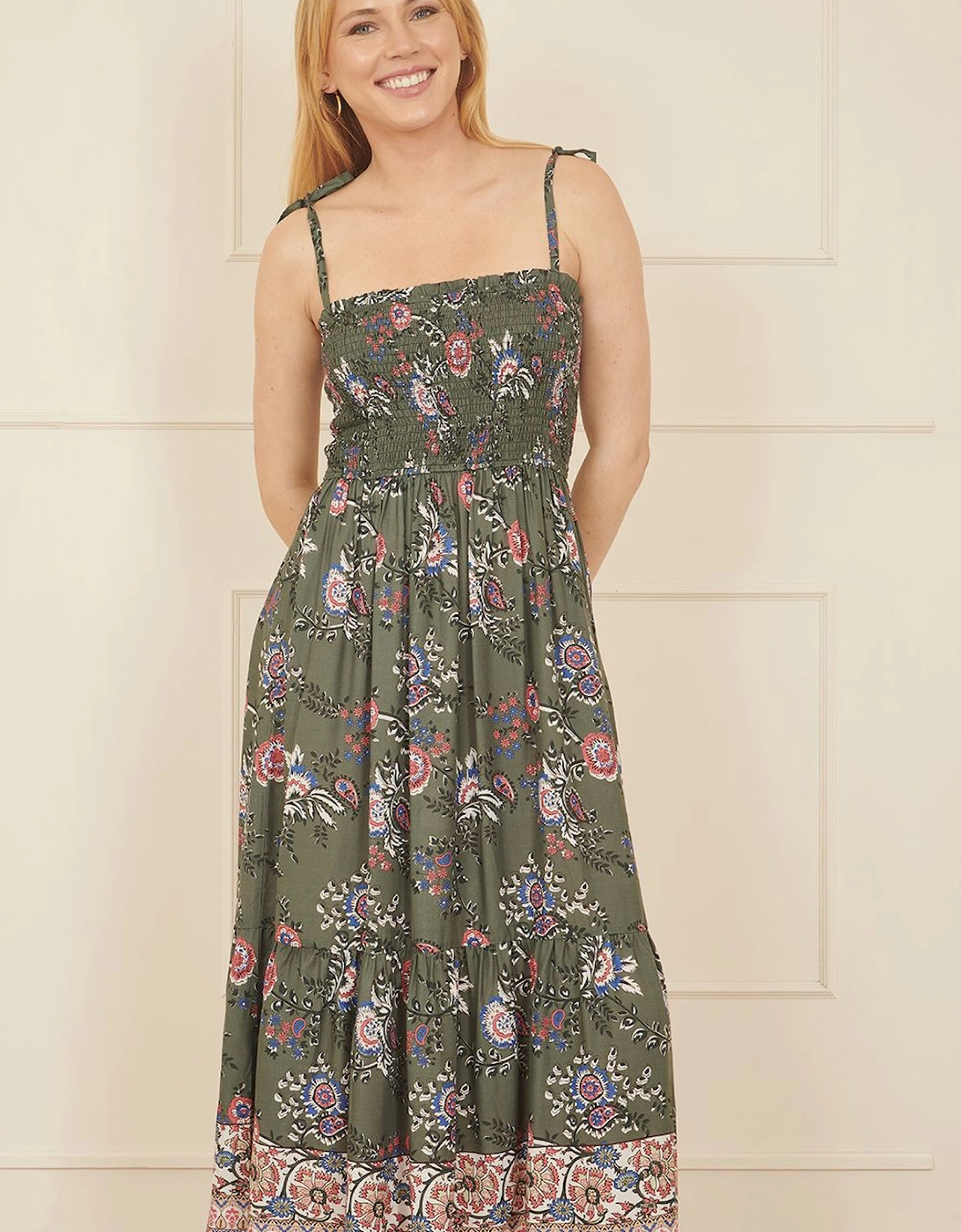 Green Strappy Paisley Print Midi Dress With Ruched Bodice, 2 of 1