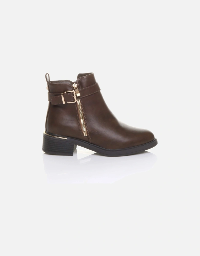 Low  Heel Gold Zip Chunky Sole Buckle  Ankle Boots
