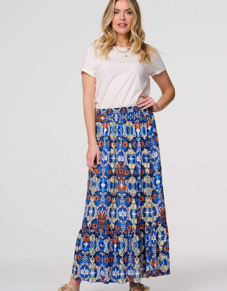 Printed Shirred High Waist Maxi Skirt