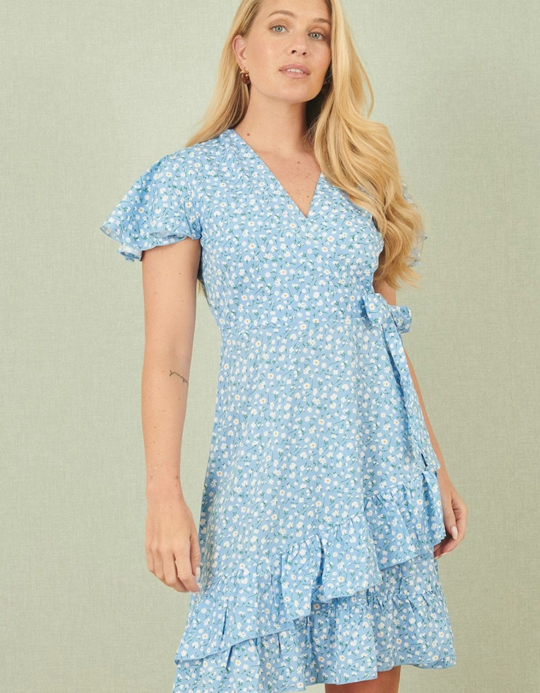 Blue Ditsy Floral Wrap Frill Dress