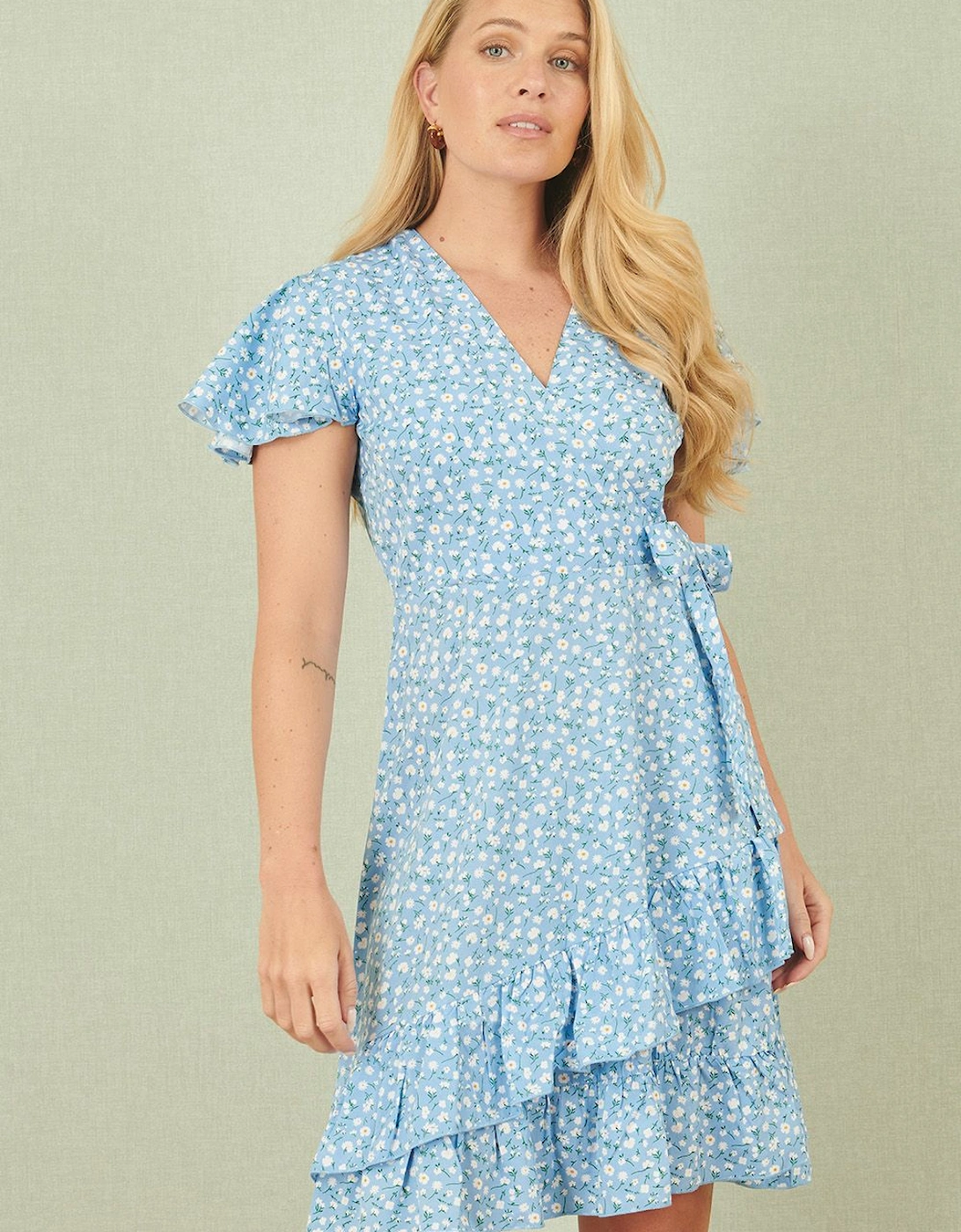 Blue Ditsy Floral Wrap Frill Dress, 2 of 1