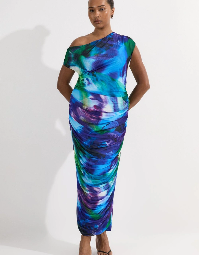 Plus Size Printed Mesh Jersey One Shoulder Midi Dress