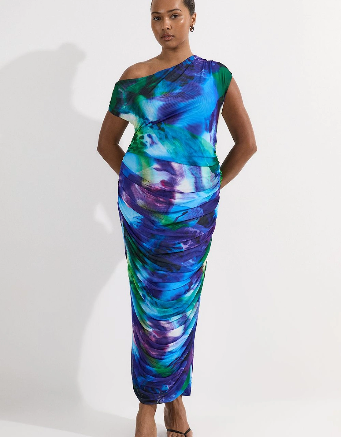 Plus Size Printed Mesh Jersey One Shoulder Midi Dress, 2 of 1