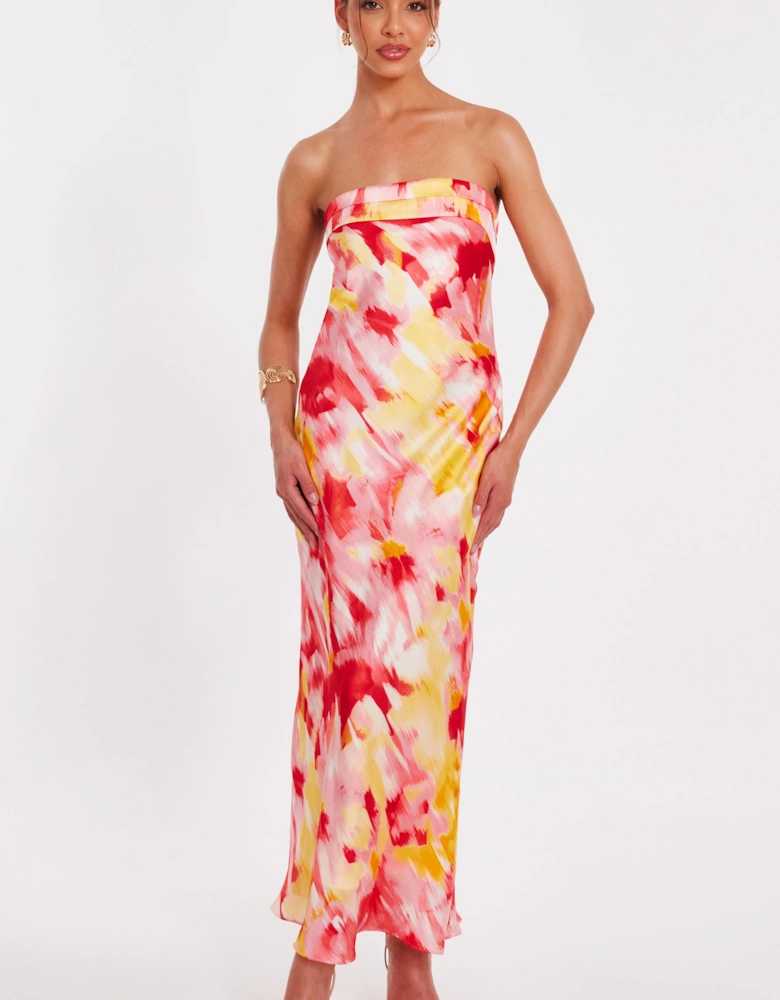Pink Satin Floral Smudge Maxi Dress